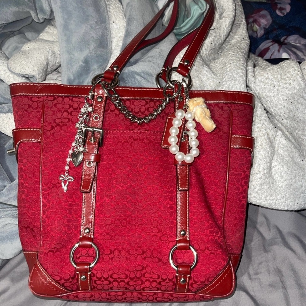 Coach Red Tote Bag with Decorative Details
